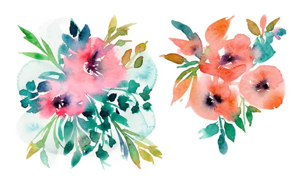 Flores Acuarela Paquete Ilustraciones Botánicas Abstractas Pintadas Mano Sobre Fondo —  Fotos de Stock