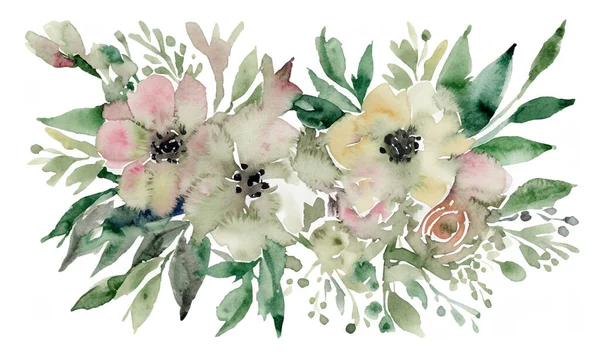 ウォーターカラーの花 手描きの抽象的な植物のイラストバンドル 白い背景に — ストック写真