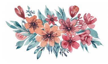 Suluboya çiçekler. Elle boyanmış soyut botanik çizimler paketi. Beyaz bir arkaplanda.