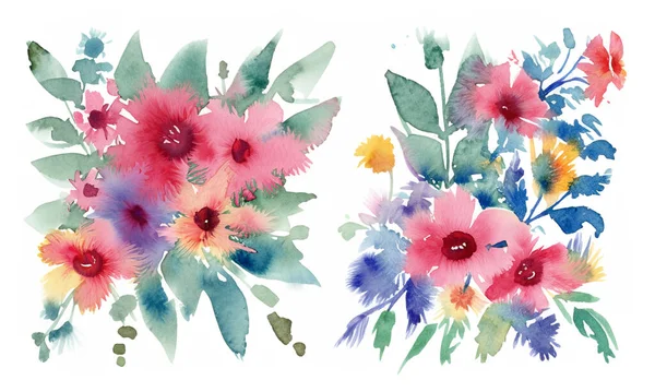 Akvarell Blommor Handmålade Abstrakta Botaniska Illustrationer Bunt Vit Bakgrund — Stockfoto