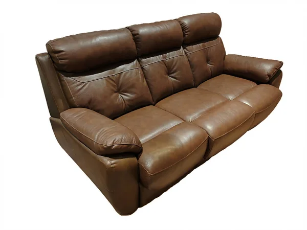 棕色皮革软垫沙发 带有经典风格的栏杆 独立的白色背景 工作室拍摄 侧视图 — 图库照片