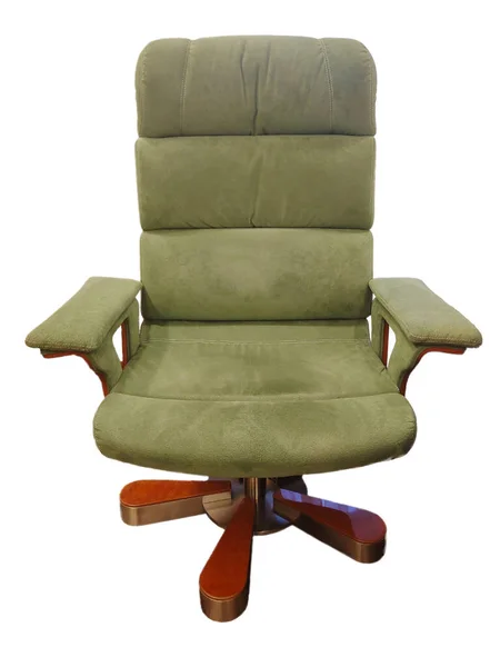 天鹅绒绿色软垫扶手椅 豪华风格 扶手隔离白色背景 工作室照片 前视图 — 图库照片