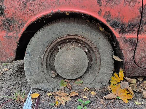 Neumático Sucio Soplado Viejo Coche Oxidado Hojas Carretera —  Fotos de Stock