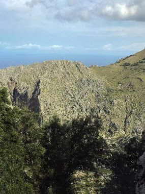 Small trees and bushes grow on the mountain slopes. Against the background of bright blue sky and clouds. A wonderful landscape