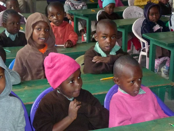 Muchos Niños Origen Étnico Africano Sientan Escritorios Estudian Ambiente Escolar —  Fotos de Stock