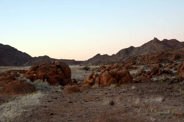 石块散落在山丘前的山谷中 干旱和周围的世界在蓝天的背景下 — 图库照片