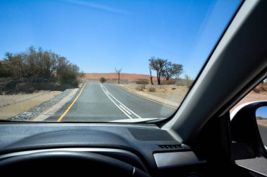 Çölde asfalt bir yolda arabanın ortasından bir bakış açısı. Dünyanın turizm beldeleri