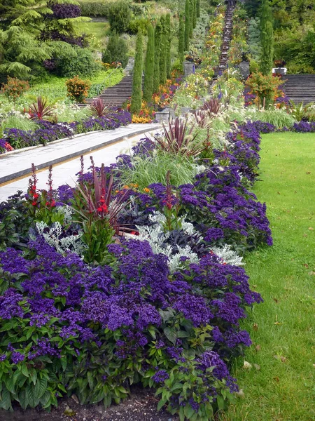 Városi Parkban Dekoratív Ágyak Virágok Levelek Közelében Ösvények Lépcsőn Tájtervezés — Stock Fotó