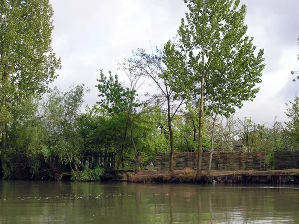 緑の木々やウィッカーフェンスと村の川の銀行 田舎の絵に描いたような夏の風景 — ストック写真