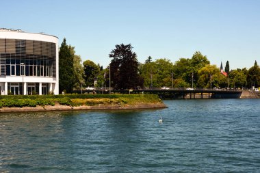 Mavi gökyüzüne karşı yeşil ağaçlı bir parkın yakınındaki bir nehir üzerinde bir bina ve bir köprü. Yalnız bir kuğu nehir boyunca yüzüyor.