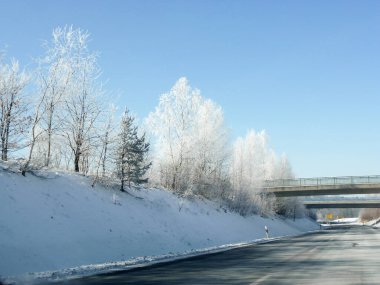 Karla kaplı ağaçlar kışın karlı bir yolda büyürler. Arka planda köprüler var.