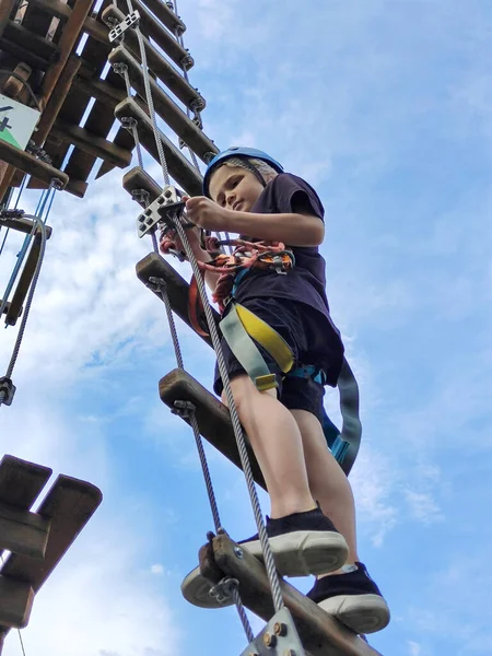 Teenage Caucasian Boy Rope Amusement Park Climbs Simulator Blue Sky — Stock Photo, Image