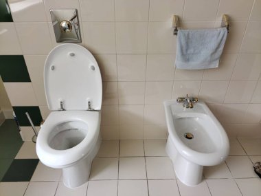 Tuvalette beyaz klozet ve bide. Üstlerinde bir havlu ve su boşaltma düğmesi var. Duvarlarda seramik fayanslar. Banyo dekorasyonu ve iç dekorasyon örnekleri