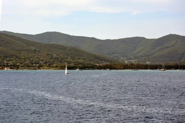 Dağların ve tepelerin arka planına yayılmış bir şehirle uzak bir sahilde deniz manzarası. Yatlar ve tekneler kıyılara yakın yüzer. Doğal resimsel manzara.