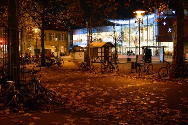 Modern şehrin gece sokakları fenerler ve binalarla aydınlatılmıştır. Terk edilmiş bisikletler ve kaldırımlarda yapraklar. Şehir gece manzarası