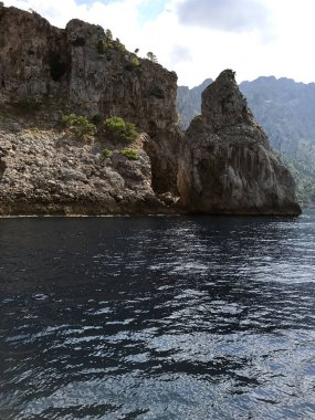 Yamaçlarında küçük ağaçlar olan kayalık bir sahil. Doğal deniz turist manzarası. Üzerinde beyaz bulutlar olan mavi gökyüzü