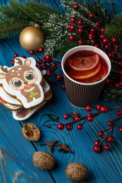 Silvester Glühwein Mit Dekor Frohe Weihnachten — Stockfoto