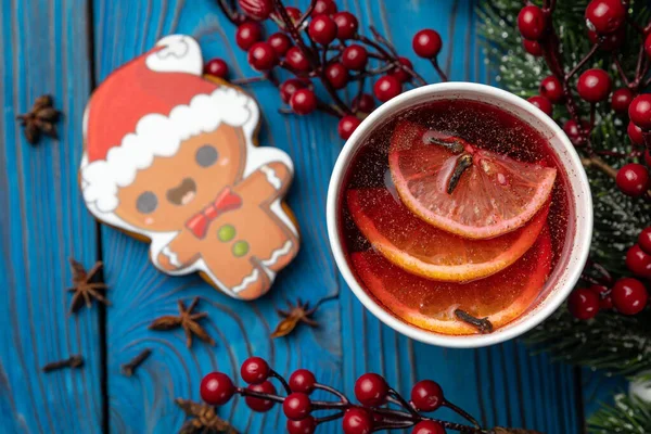 New Year's mulled wine with decor. Merry Christmas
