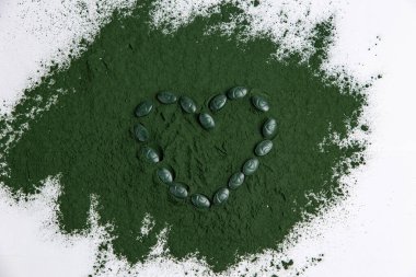 Spirulina is a useful supplement. on a white background