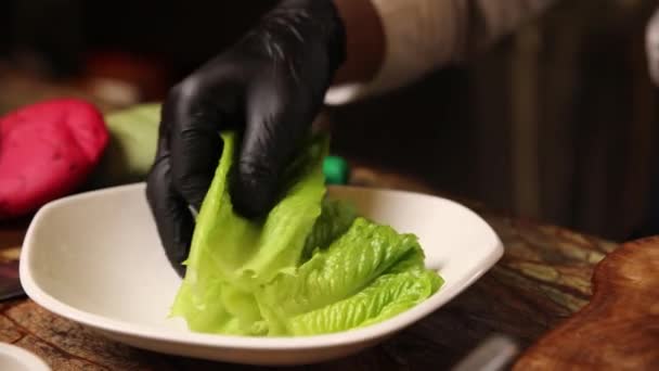 Chef Prepara Una Deliciosa Hamburguesa Una Empanada Vegana — Vídeos de Stock