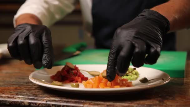 Chef Prepares Vegan Salmon Kitchen — Stockvideo