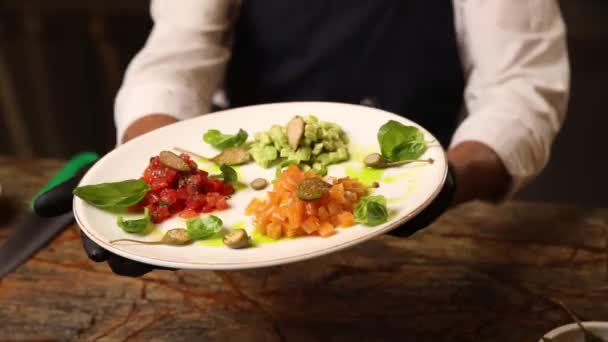 Chef Prepares Vegan Salmon Kitchen — Vídeo de stock