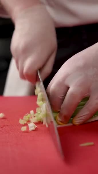 厨师在红色的切菜板上切芹菜 — 图库视频影像
