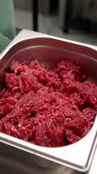Chef Cuts Meat Meat Grinder — Stock Video