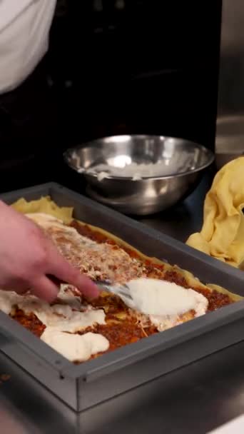 Chef Prepares Lasagna Kitchen — Stock Video