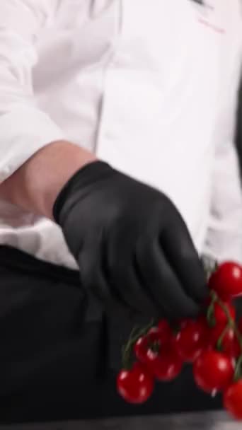 Chef Prepara Delicioso Plato Con Tomates Cocina Primer Plano — Vídeos de Stock