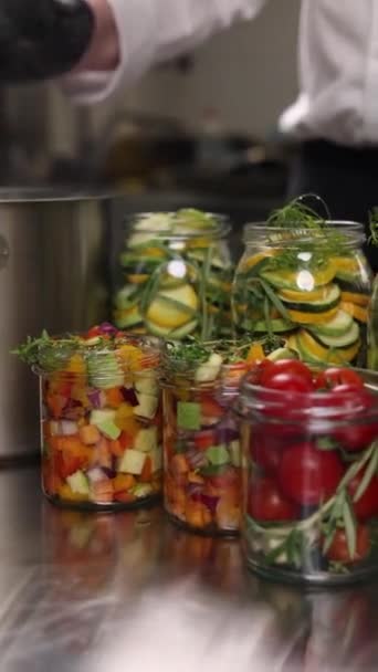 Chef Preserves Vegetables Kitchen Close — Stock Video