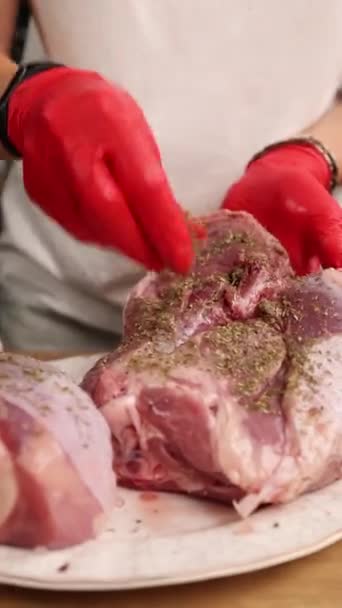Chef Prepares Dish Meat Kitchen Close — Stock Video