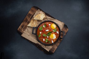 Nefis bir kahvaltı. Tavada pişmiş yumurta. Yakın plan.