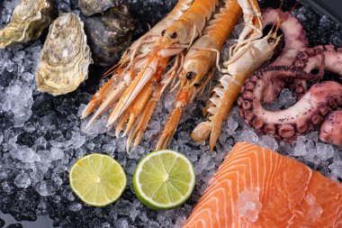 Buzlu taze deniz ürünleri. Yakın plan. Ahtapot, somon, karides.
