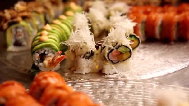 Japońska Kuchnia Pyszne Japońskie Danie Rollsy Sushi — Wideo stockowe