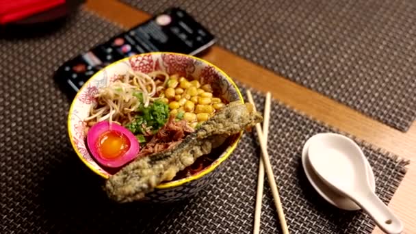 Delicious Ramen Soup Egg Pork Corn Noodles — Stock Video