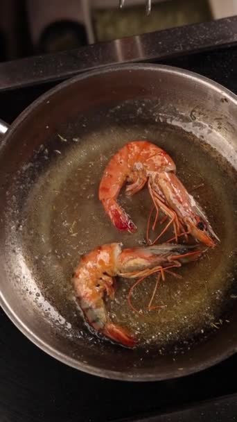 Tiger Prawns Fried Butter Spices Frying Pan — Stock Video