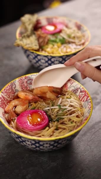 Japanese Ramen Soup Shrimp Table — Stock Video