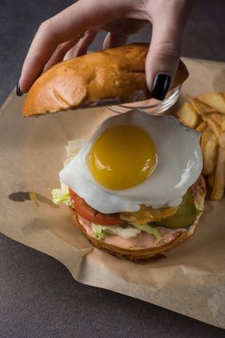 Peynirli, sebzeli ve pirzolalı lezzetli hamburger.