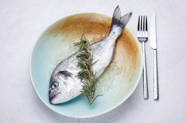 Tabakta taze, çiğ dorado. Kapat.