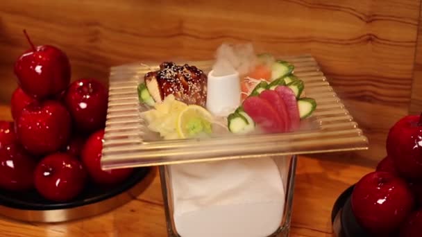 Deliciosos Platos Mariscos Restaurante Japonés — Vídeo de stock