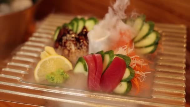 Läckra Skaldjursrätter Den Japanska Restaurangen — Stockvideo