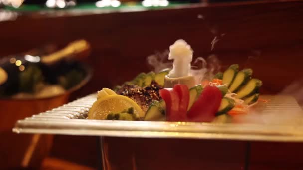 Läckra Skaldjursrätter Den Japanska Restaurangen — Stockvideo