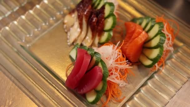 Deliciosos Pratos Frutos Mar Restaurante Japonês — Vídeo de Stock