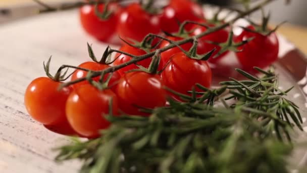 Pomodori Ciliegini Freschi Coltivati Azienda Piatto Vicino — Video Stock