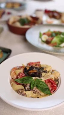Festive banquet table in a restaurant. Served with delicious dishes. 