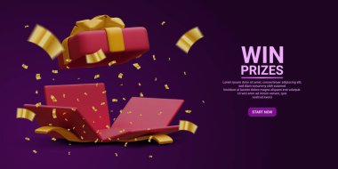 3D gerçekçi açık hediye kutusu ve koyu arka planda uçan altın konfeti. Ödül kazanma konsepti. Vektör İllüstrasyonu.