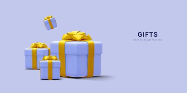 3D gerçekçi yığınla altın kurdeleli mavi hediye kutuları. Dekoratif nesneler. Yeni yıl ve Noel tasarım afişi. Vektör illüstrasyonu.