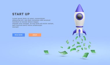 3D gerçekçi açılış afişi uçan roket ve para ile. Para yatırımı kavramı. Vektör illüstrasyonu.