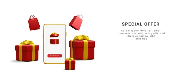 Realistisk Banner För Online Shopping Din Butik Med Smartphone Shoppingväska — Stock vektor